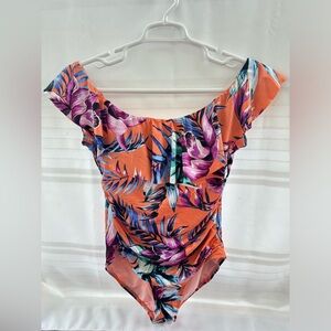 Liz Claiborne Women's Swimsuit One Piece Off Shoulder Orange Floral Size 14